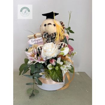 Ballagási virágbox macival 35 cm 