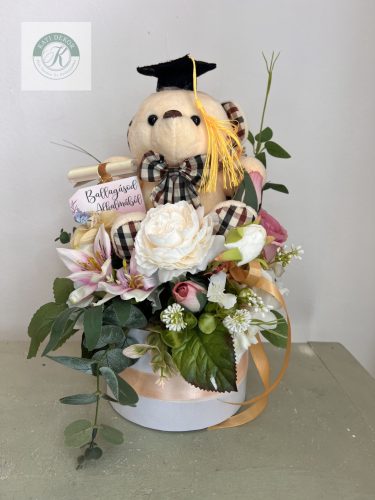 Ballagási virágbox macival 35 cm 